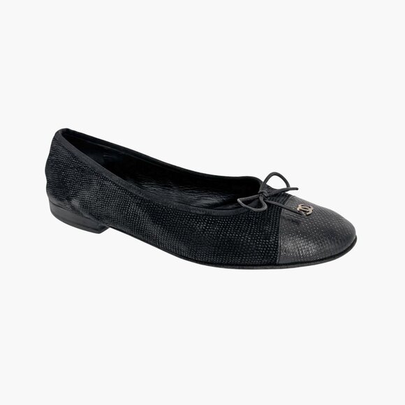 Chanel CC Cap Toe Ballet Flats Black & Gold Textured Shoes Size 38.5 US 7.5-8 - Picture 8 of 14